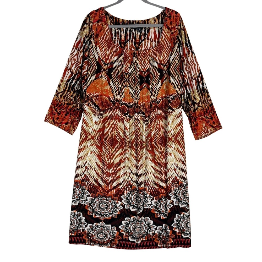 Glamour Dress Womens 20W Orange Geometric Shift Scoop Neck 3/4 Sleeve Boho